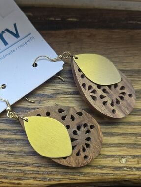 Wooden And Metal Dangle Earrings